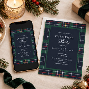 Blue Green Tartan Plaid Christmas Party Invitation