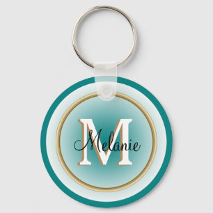 Blue Green Teal and Faux Gold Name and Initial Keychain