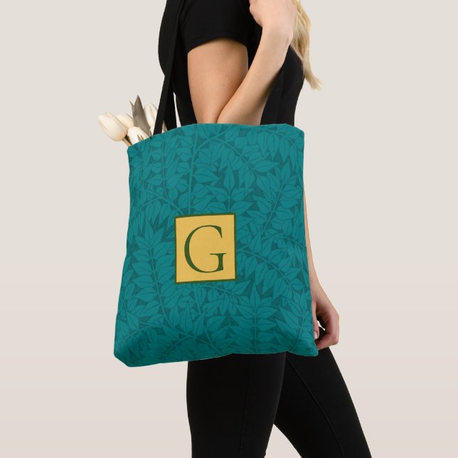 Blue Green, Teal Botanical Leaves Pattern Tote Bag (Close Up)