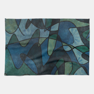 Blue Green Teal Digital Stained Glass Abstract Art Kitchen Towel