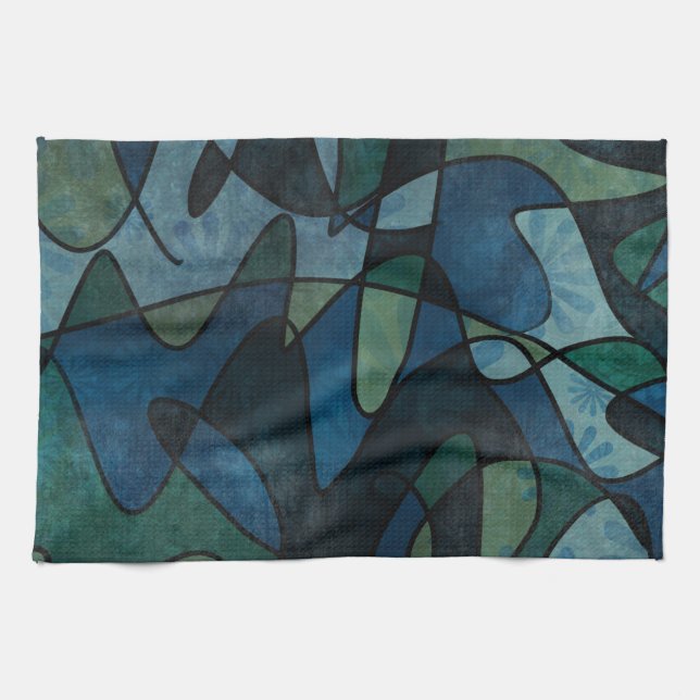 Blue Green Teal Digital Stained Glass Abstract Art Kitchen Towel (Horizontal)