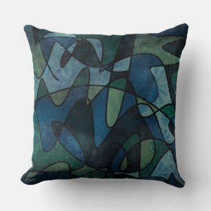 Blue Green Teal Digital Stained Glass Abstract Art Throw Pillow
