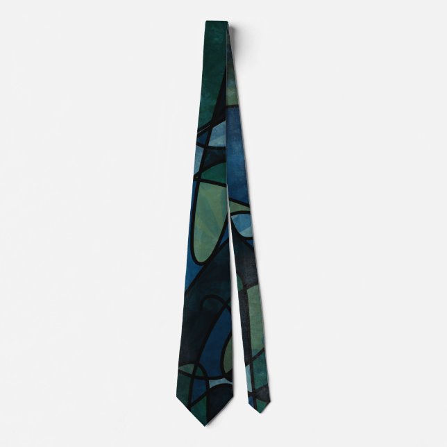 Blue Green Teal Digital Stained Glass Abstract Art Tie (Front)