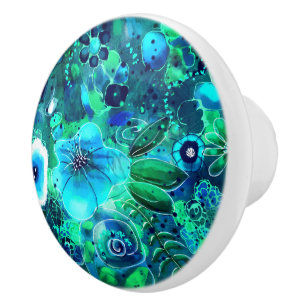 Blue Green Teal Floral Abstract Flower Flowers Ceramic Knob
