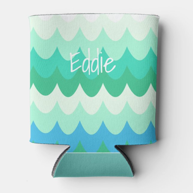 Blue, Green & Teal Geometric Sea Waves  Can Cooler (Front)