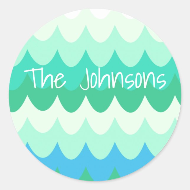 Blue, Green & Teal Geometric Sea Waves  Classic Round Sticker (Front)