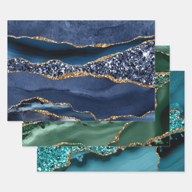 Blue Green Teal Gold Glitter Agate Trendy  Wrapping Paper Sheet (Set)