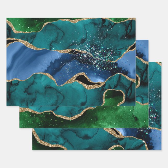 Blue, Green & Teal & Gold Glitter Peacock Agate Wrapping Paper Sheet (Set)