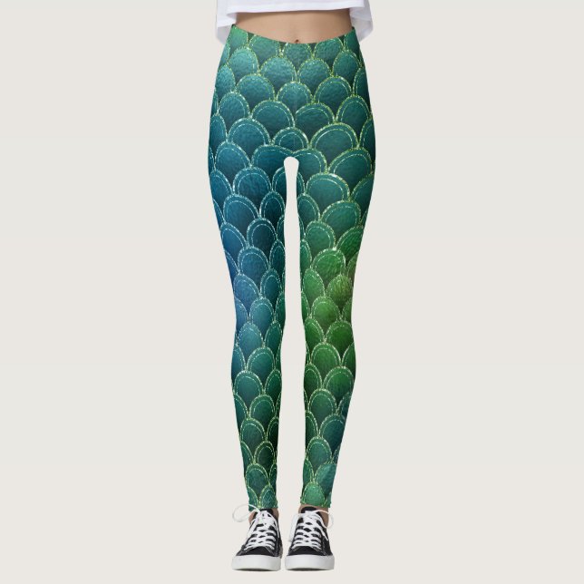 Blue, Green, Teal Scales Mermaid Leggings (Front)