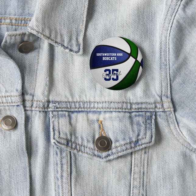 blue green team colours girls boys basketball 2 inch round button (In Situ)