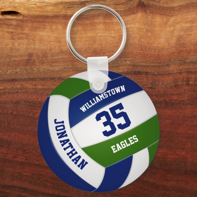 Blue green team colours kids teens volleyball keychain (Front)
