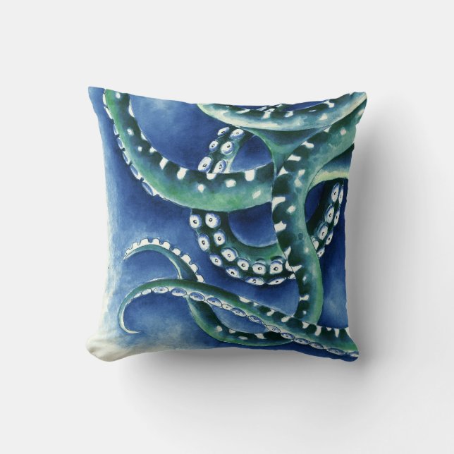 Blue Green Tentacles Throw Pillow (Front)