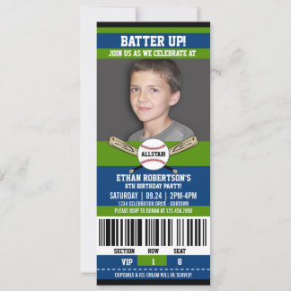 Blue|Green Ticket Style Baseball Birthday Party Invitation
