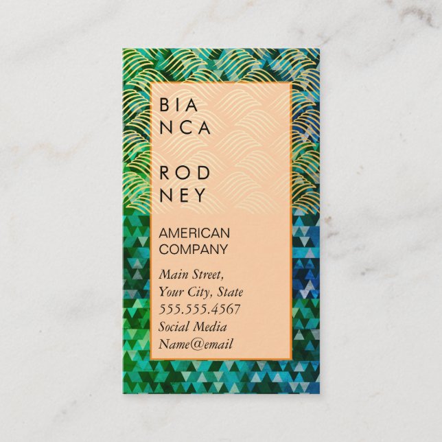 Blue Green Triangles and Gold Weave Business Card (Front)