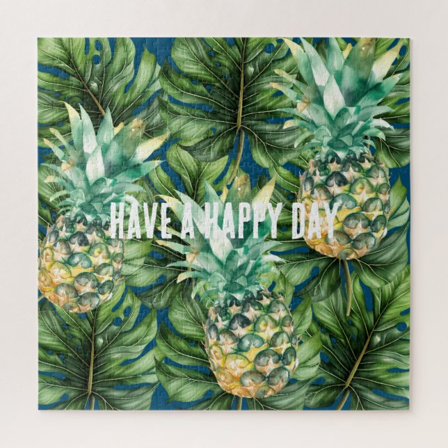 Blue Green Tropical Leaves Pineapples Jigsaw Puzzle (Vertical)