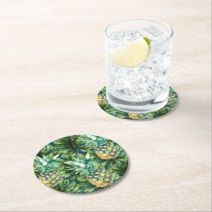 Blue Green Tropical Leaves Pineapples Round Paper Coaster