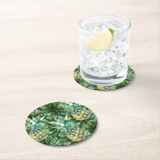 Blue Green Tropical Leaves Pineapples Round Paper Coaster (Insitu)