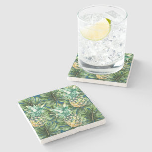 Blue Green Tropical Leaves Pineapples Stone Coaster