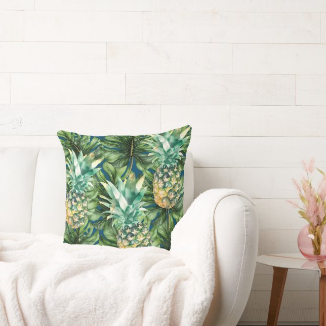 Blue Green Tropical Leaves Pineapples Throw Pillow (Couch)
