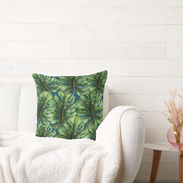 Blue Green Tropical Leaves Throw Pillow (Couch)