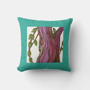Blue-Green Tropical Painting of Tree and Bird Throw Pillow