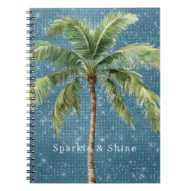 Blue Green Tropical Palm Tree Sparkle  Notebook (Front)