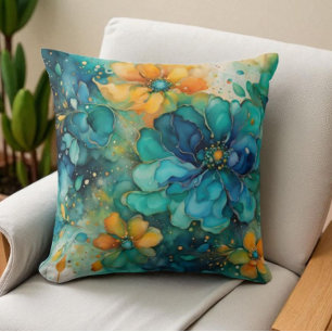 Blue green turquoise gold orange abstract flowers throw pillow