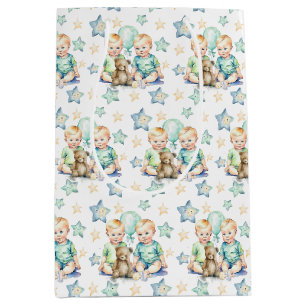 Blue Green Twin Baby Boys Baby Shower or New Baby Medium Gift Bag
