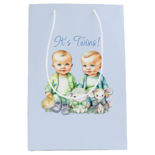 Blue, Green Twins Watercolor Baby Shower Medium Gift Bag