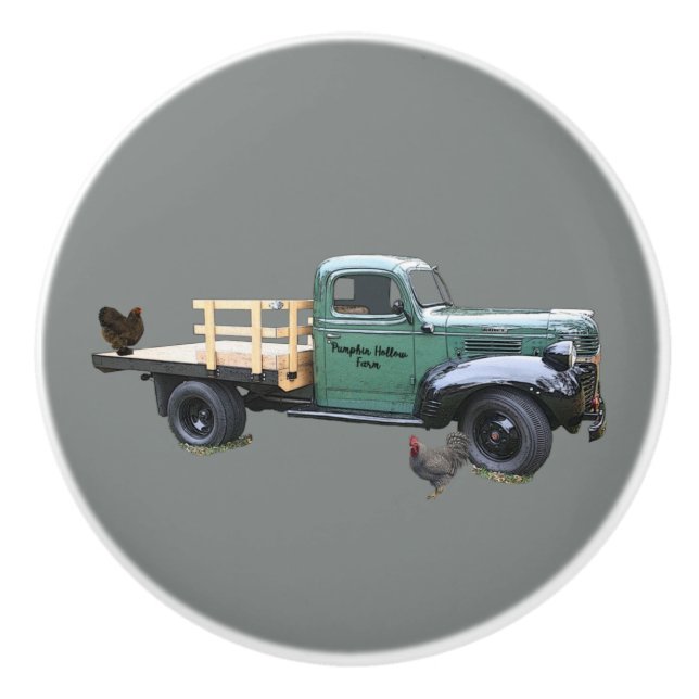 Blue Green Vintage Farm Truck Drawer Pull Grey (Front)