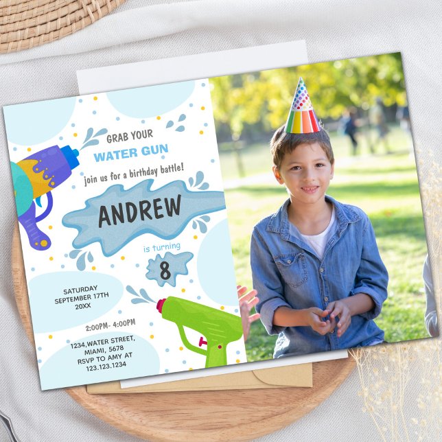 Blue Green Water Gun Anniversaire Invitations avec (Blue Green Water Gun Birthday Invitations w photo)