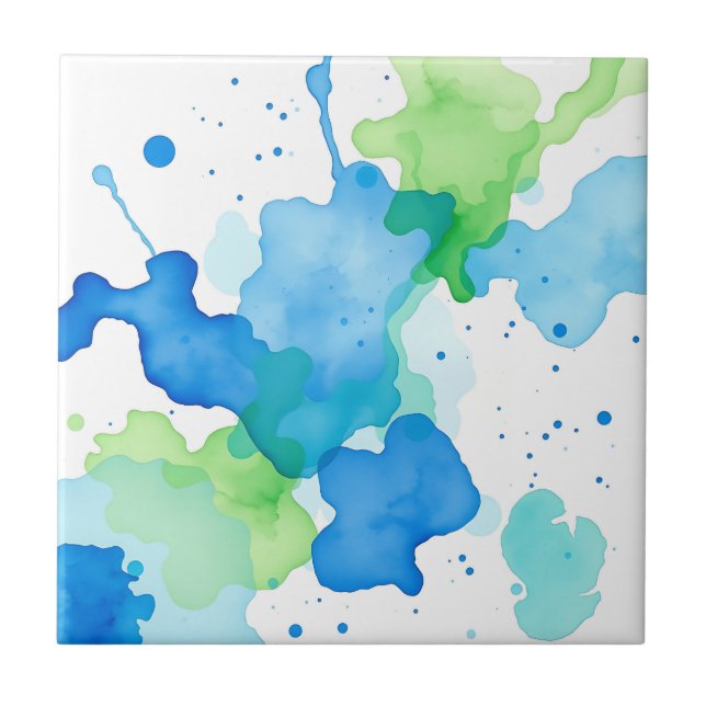 Blue Green Watercolor Abstract Pattern Tile (Front)