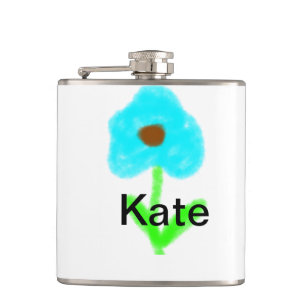 Blue green watercolor add your name text custom  hip flask