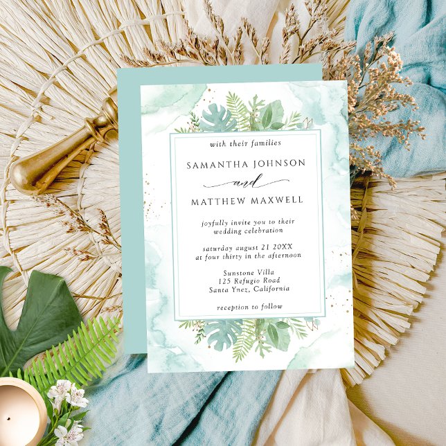Blue Green Watercolor and Greenery Wedding Invitation (Creator Uploaded)