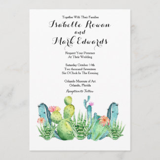 Blue Green Watercolor Cactus Wedding Invitation