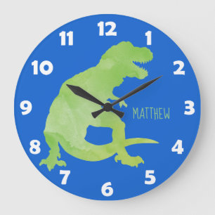 Blue Green Watercolor Dinosaur Personalized Kids Large Clock