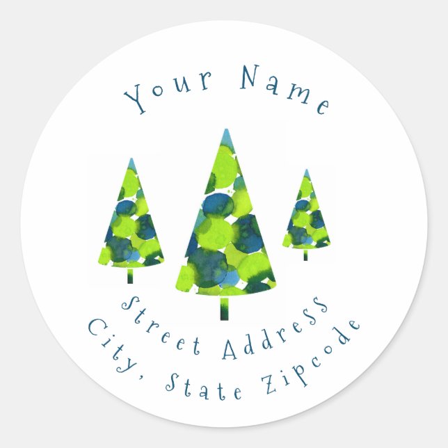  Blue Green Watercolor Dots Trees Labels (Front)
