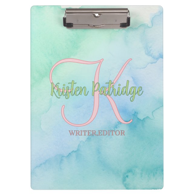 blue green watercolor editor writer name monogram  clipboard (Front)