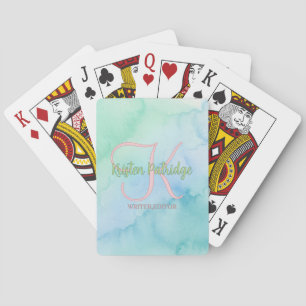 blue green watercolor editor writer name monogram playing cards