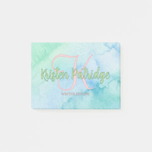 blue green watercolor editor writer name monogram post-it notes