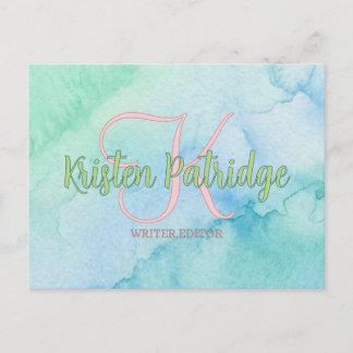 blue green watercolor editor writer name monogram postcard