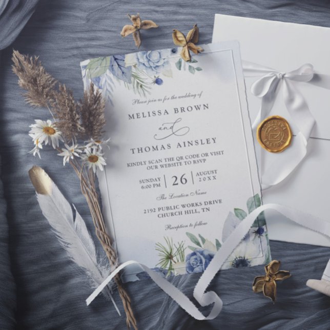 Blue Green Watercolor Elegant QR Code Wedding Invitation (Creator Uploaded)