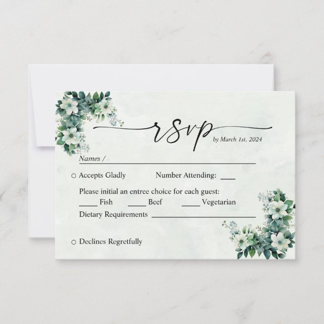 Blue Green watercolor flowers customizable RSVP Card (Front)