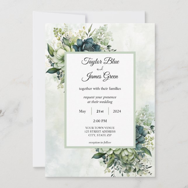Blue Green watercolor flowers Wedding Invitation (Front)