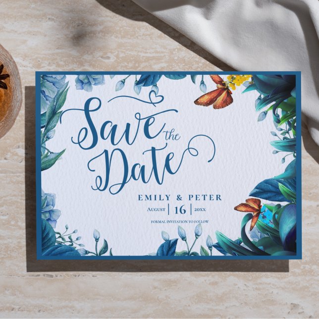 Blue Green Watercolor Foliage Butterfly Wedding Announcement Postcard (Blue Green Watercolor Foliage Butterfly Wedding Announcement Postcard)