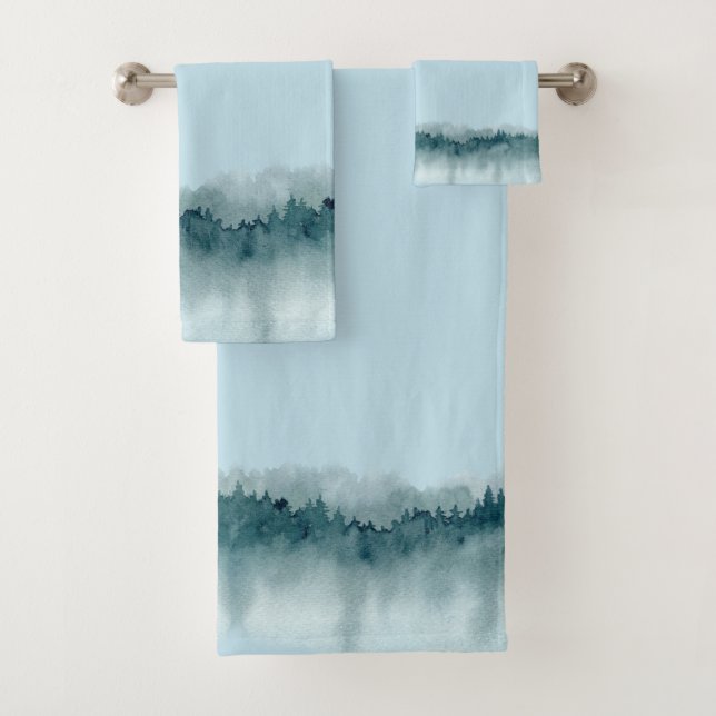 Blue Green Watercolor Forest Trees Bath Towel Set (Insitu)