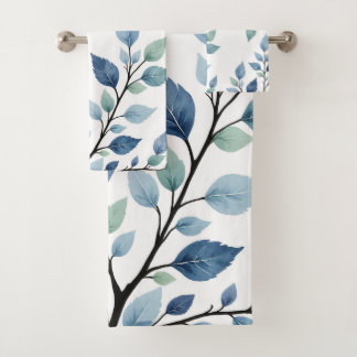 Blue Green Watercolor Leaves Botanical Design 376 Bath Towel Set