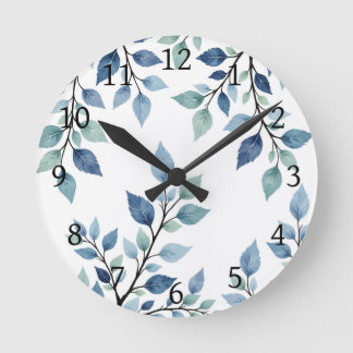 Blue Green Watercolor Leaves Botanical Design 376 Round Clock