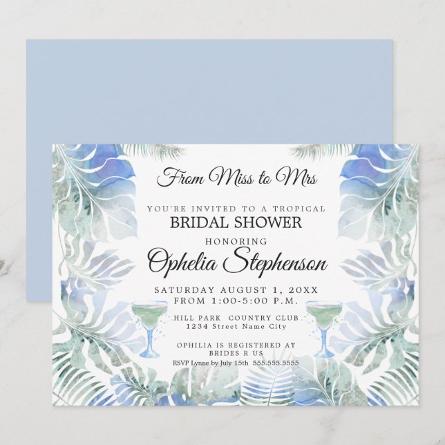 Blue Green Watercolor Leaves Bridal Shower Invitation (Front/Back)