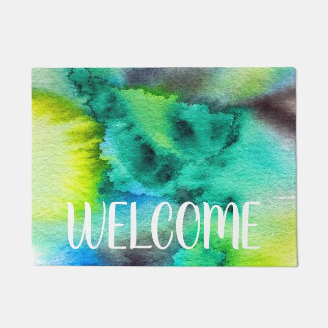 Blue Green watercolor marble abstract tie dye Doormat (Front)